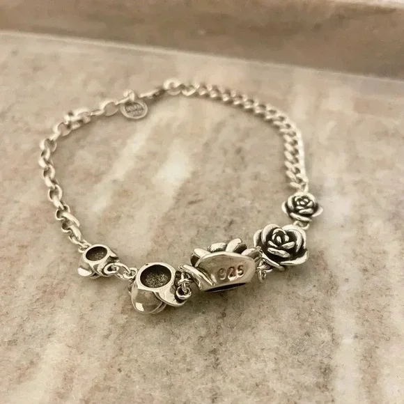 925 Sterling Silver Vintage Rose Bracelet Chain Link Bracelet Flower Bracelet - Picture 6 of 6